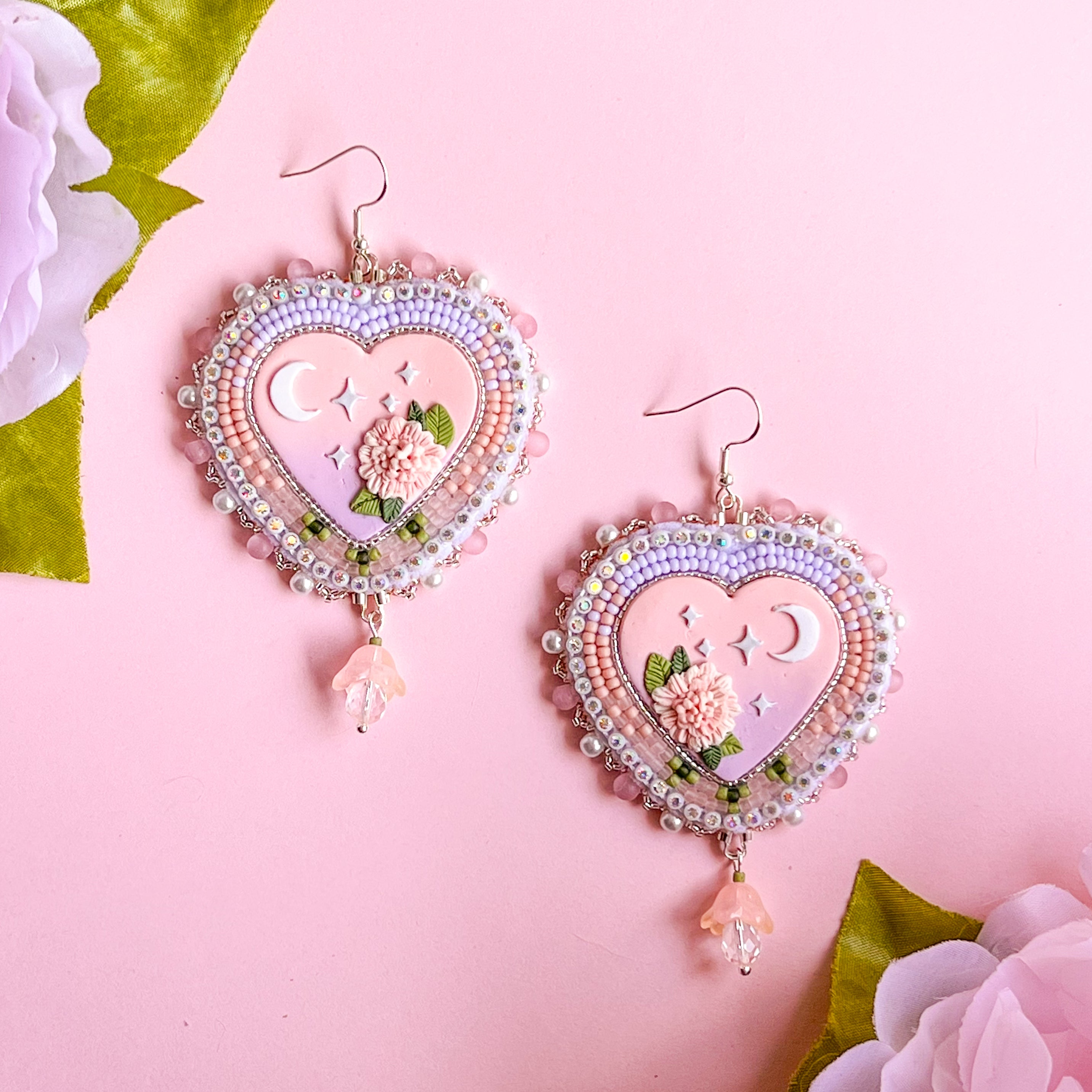 Moonlit Peonies Beaded Earrings