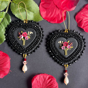 Black Floral Beaded Earrings