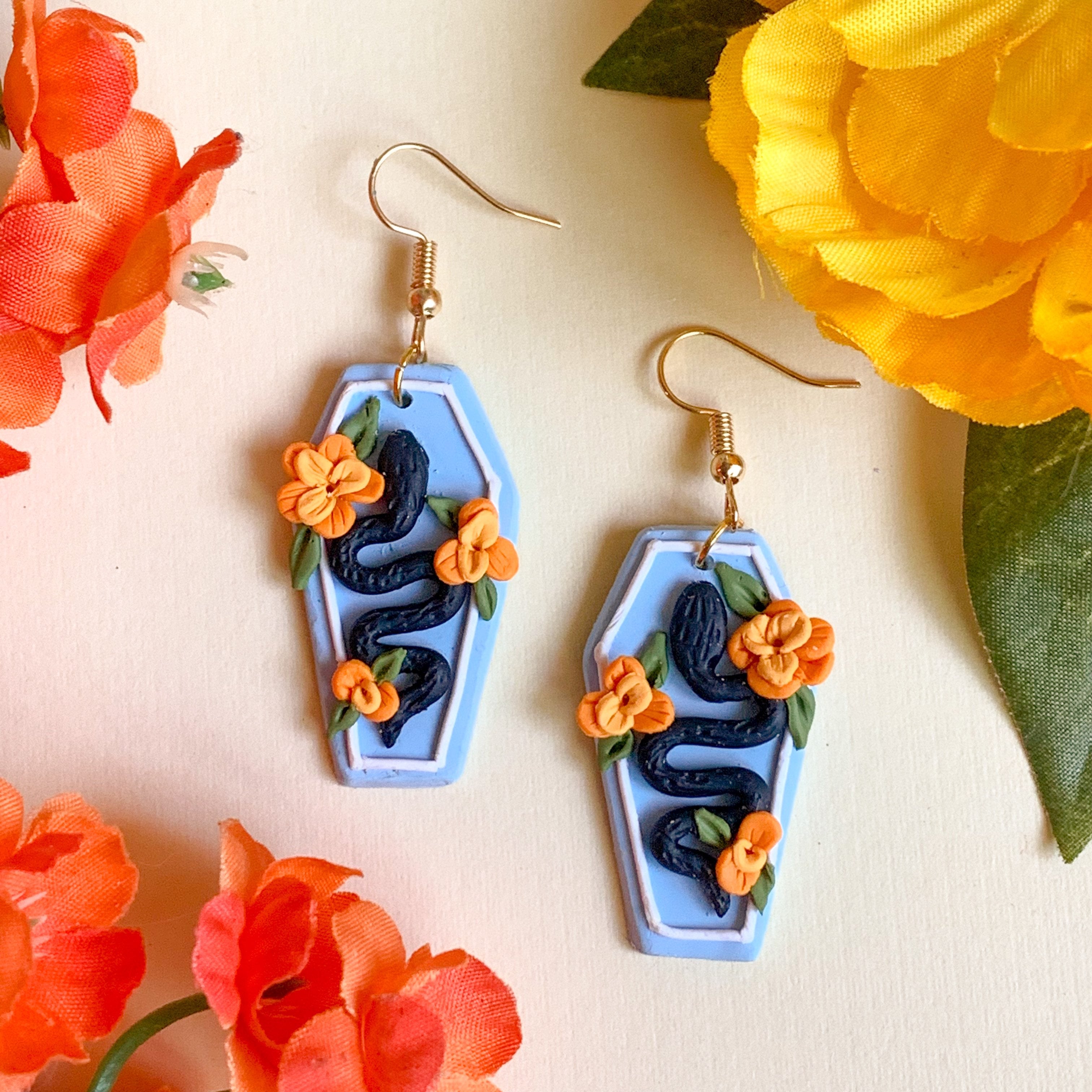 Floral Snake Coffin Earrings