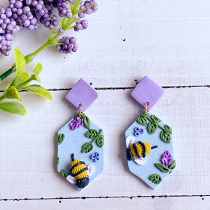 Lavender Bee Earrings (Long Hexagon)