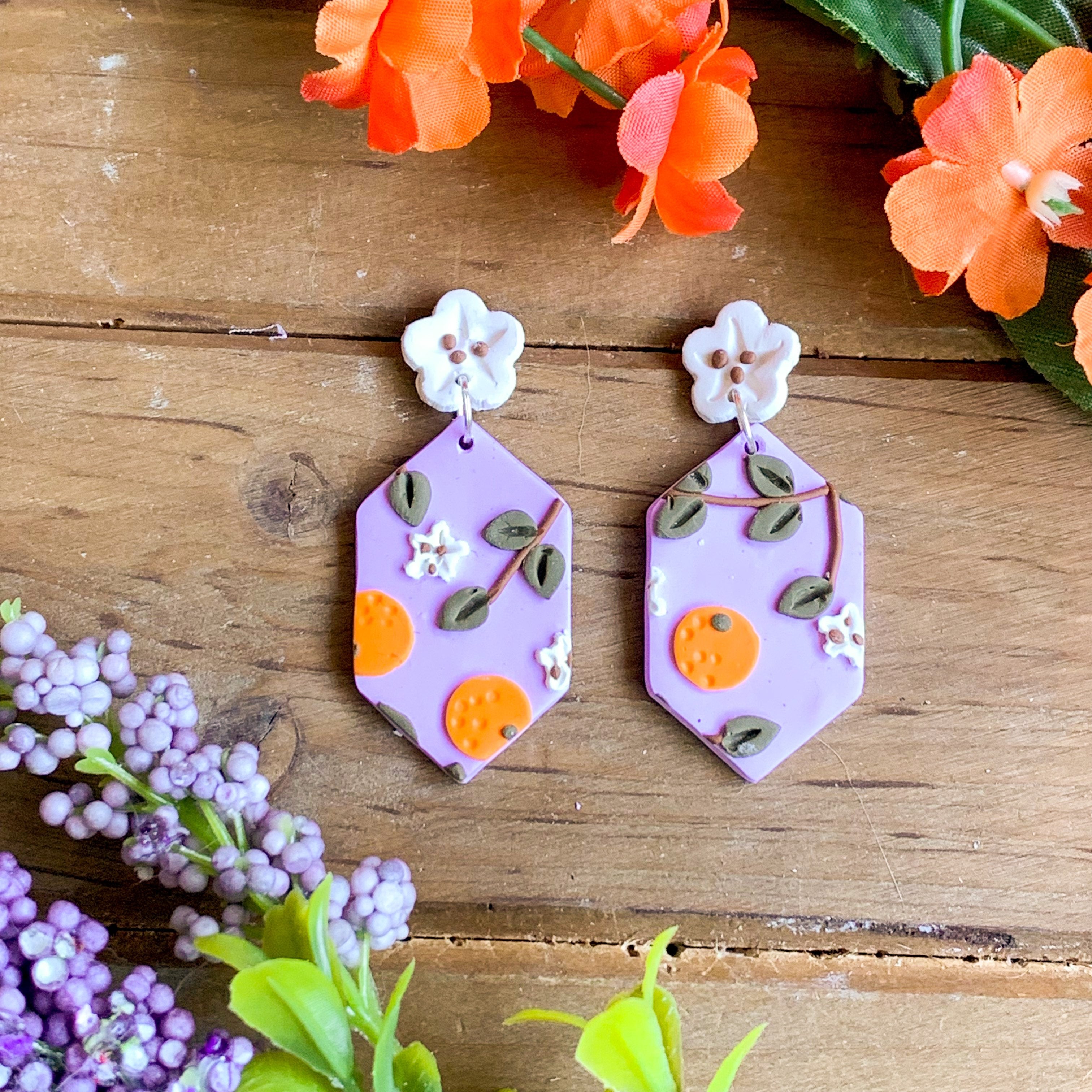 Orange Lavender Slab Earrings (Long Hexagon)