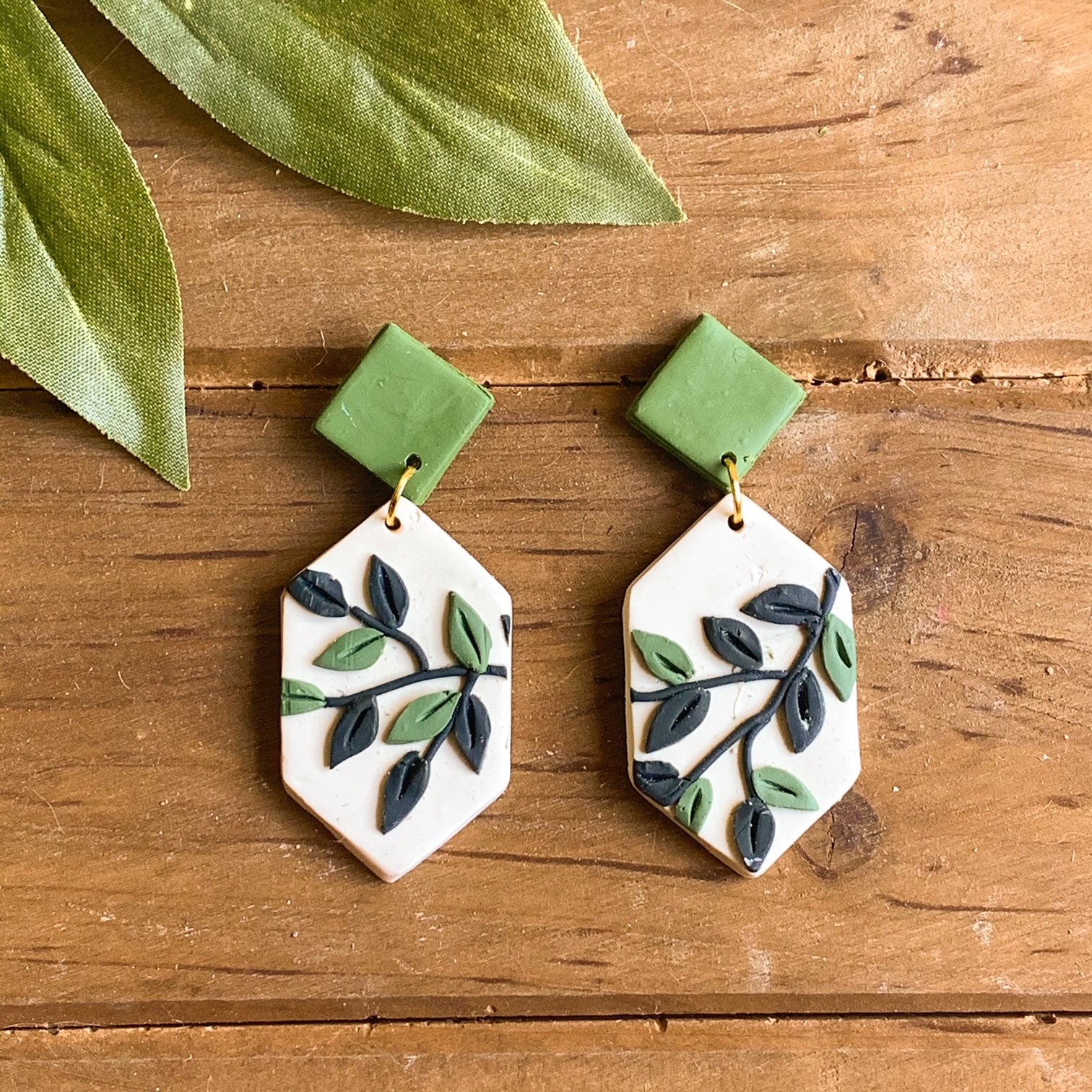 Leafy Green Slab Earrings (Long Hexagon)
