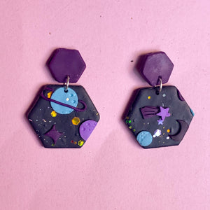 Black Galaxy Slab Earrings (Hexagon)