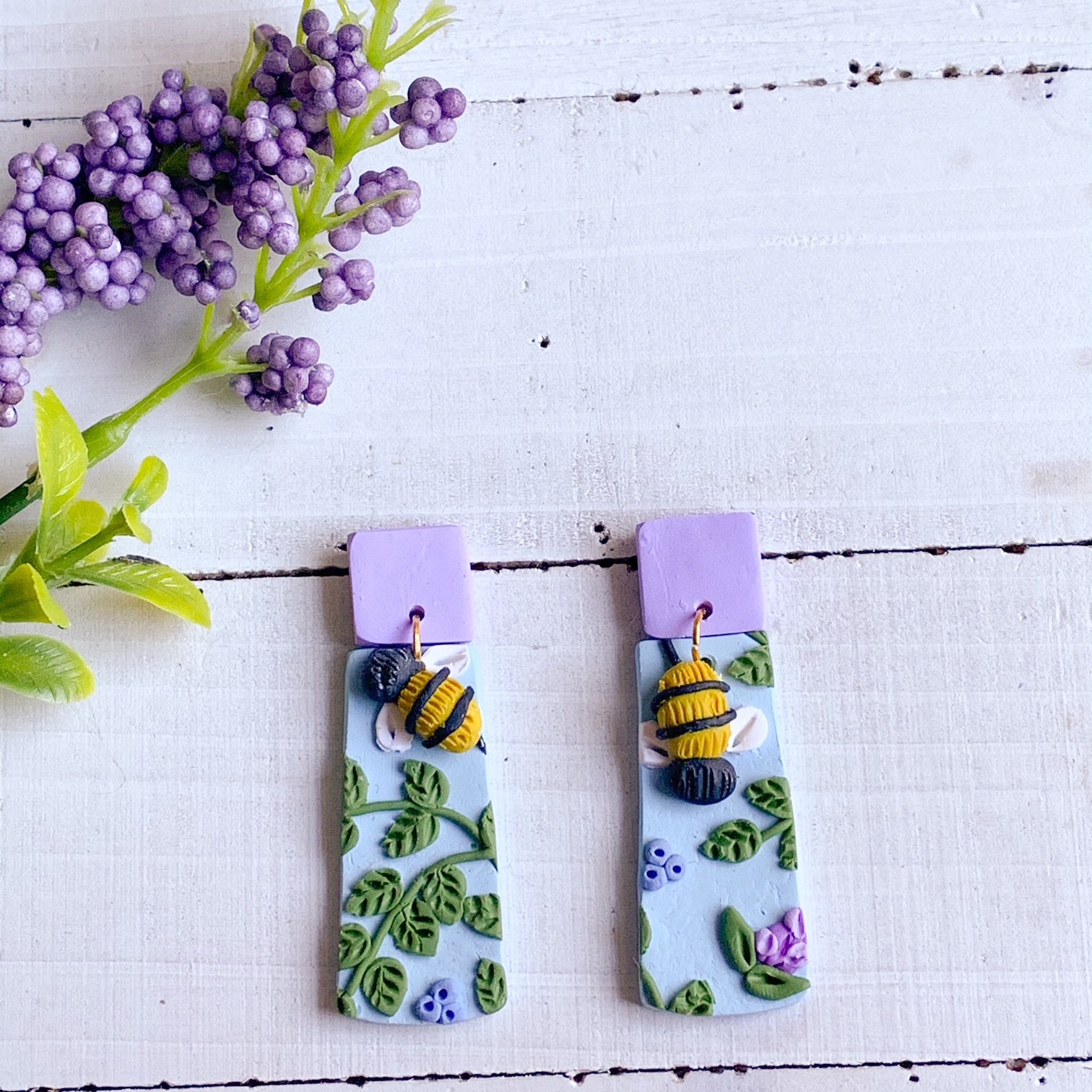 Lavender Bee Earrings (Rounded Rectangle)