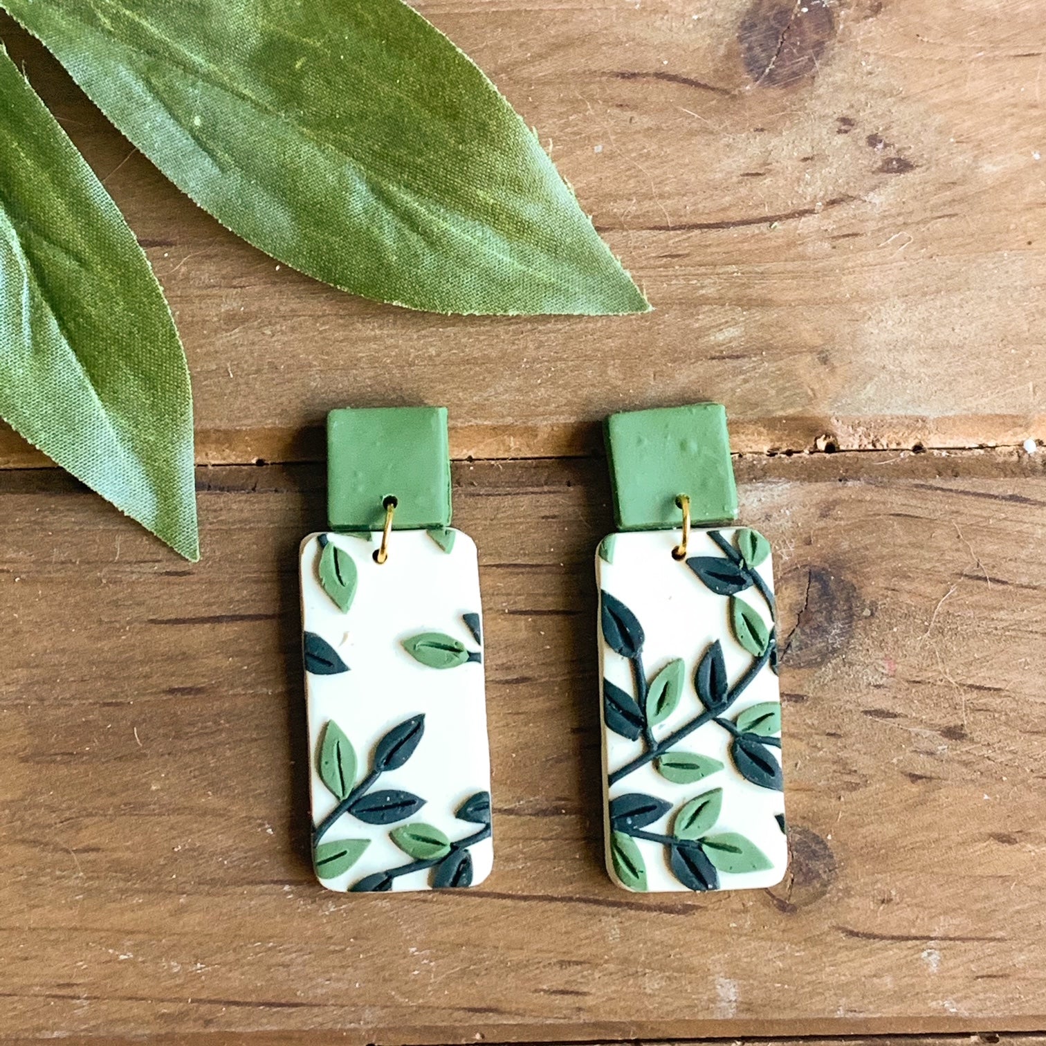 Leafy Green Slab Earrings (Rectangle)