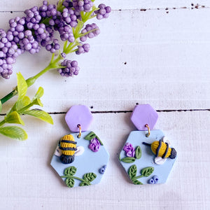 Lavender Bee Earrings (Hexagon)