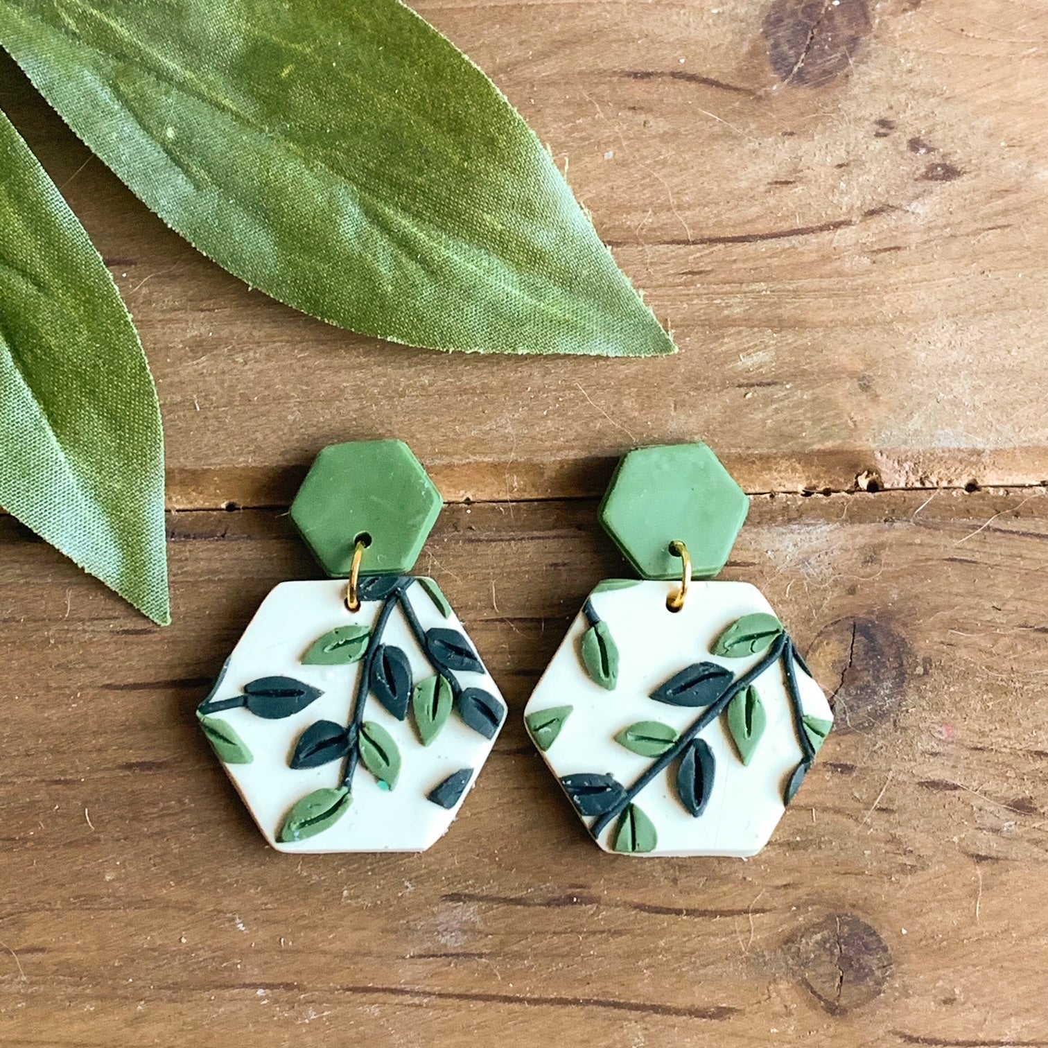 Leafy Green Slab Earrings (Hexagon)