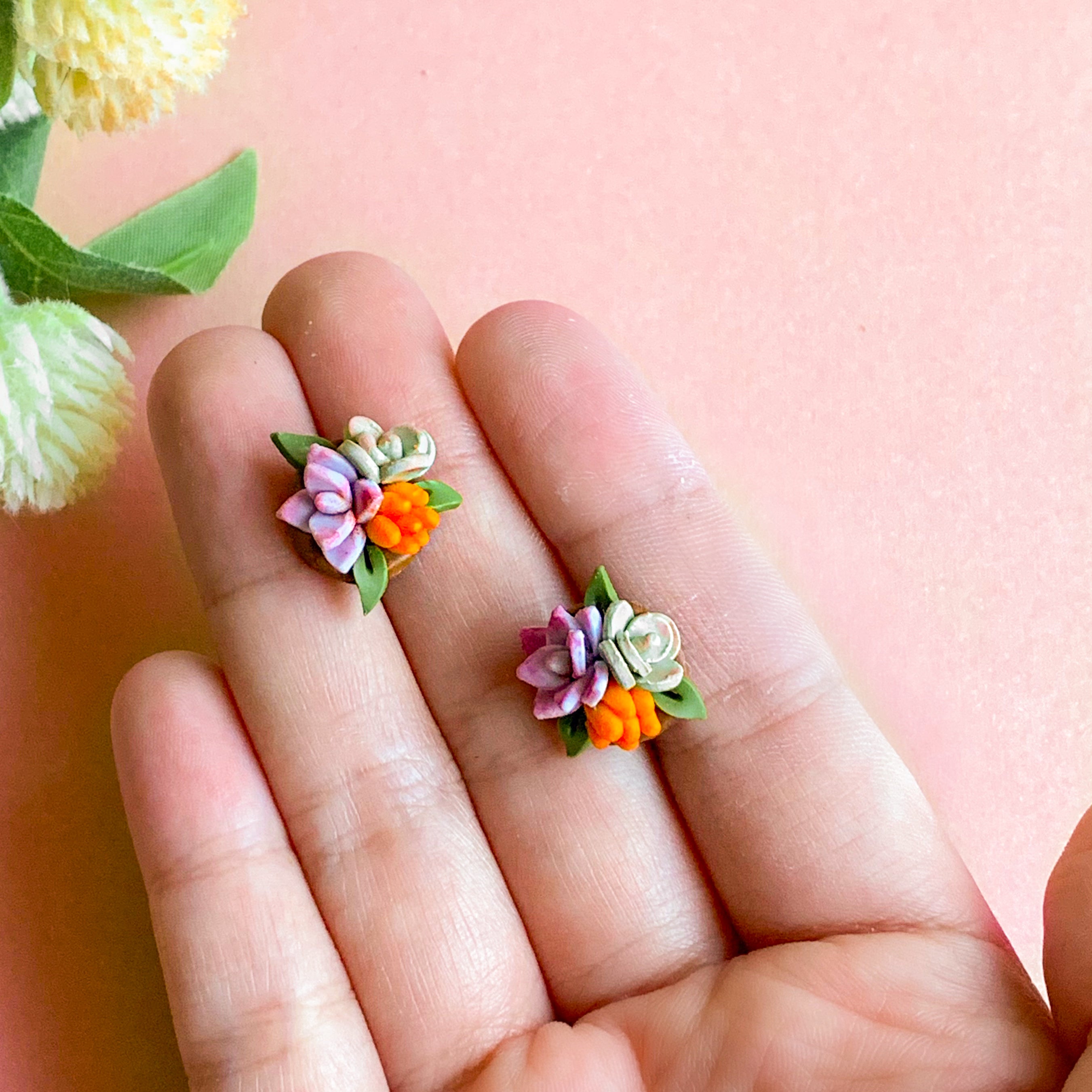 succulent clay earrings Miniature Succulent Studs (Warm Tone) – Clay & Rain