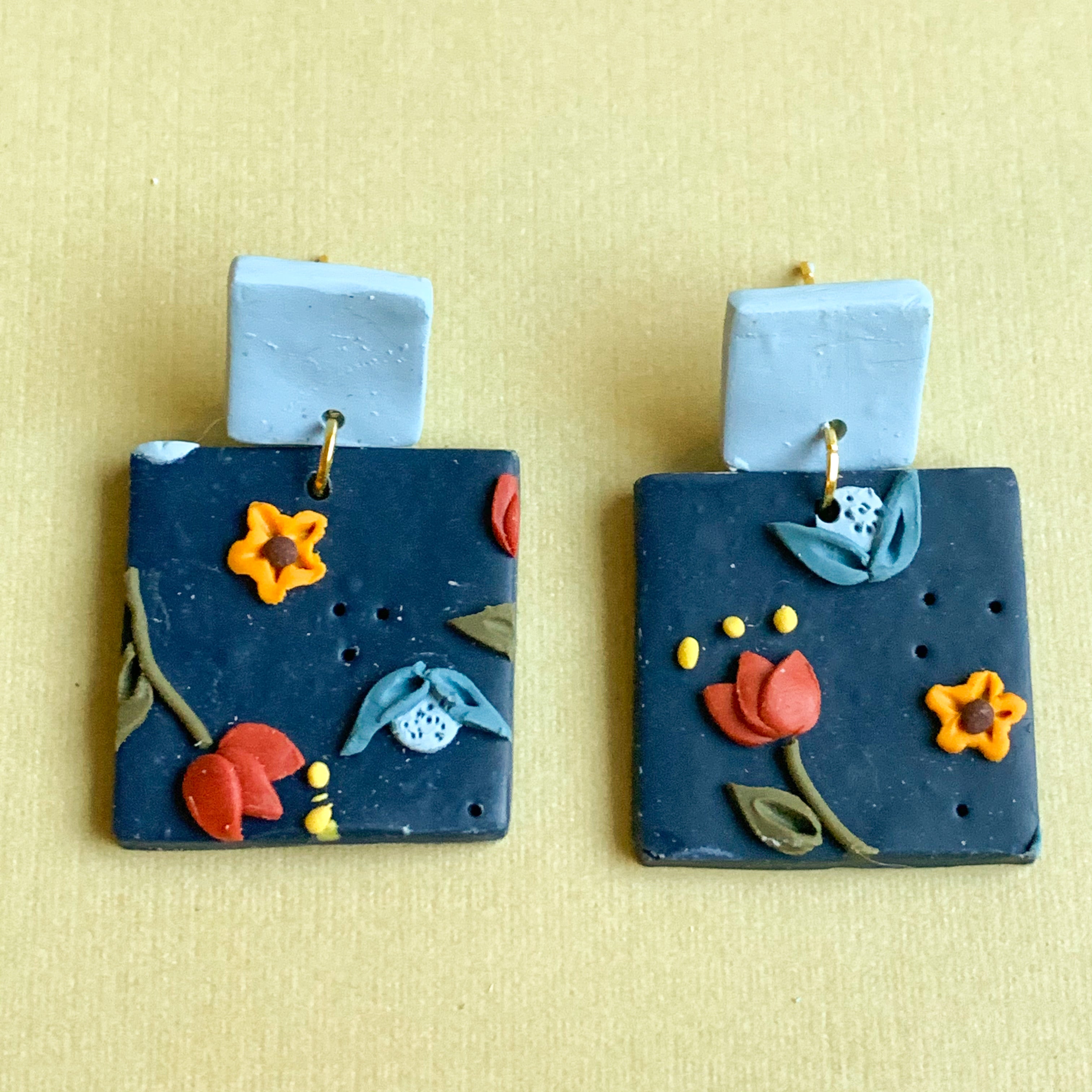 Blue Floral Earrings (square)