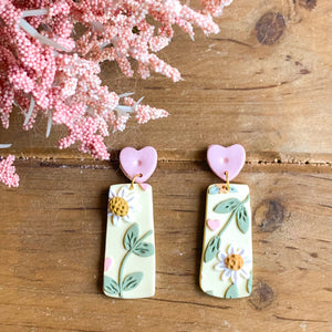Yellow Daisy Love Slab Earrings (Rounded Rectangle)