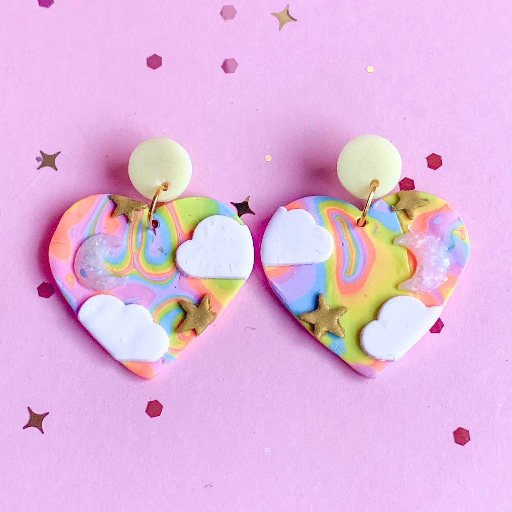 Glow-In-The-Dark Rainbow Tie-Dye Slab Earrings (Heart)