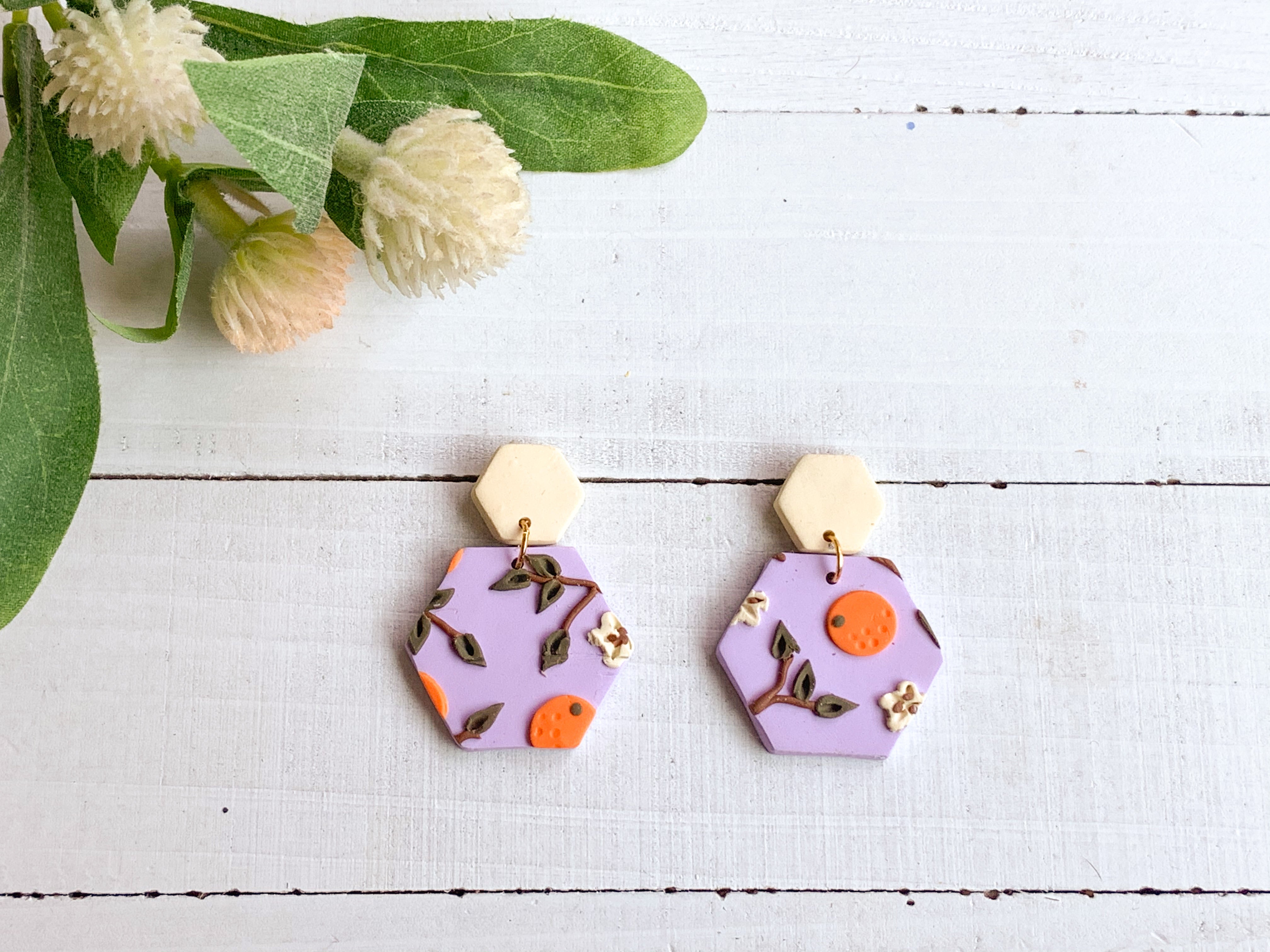 Orange Lavender Slab Earrings (Hexagon)