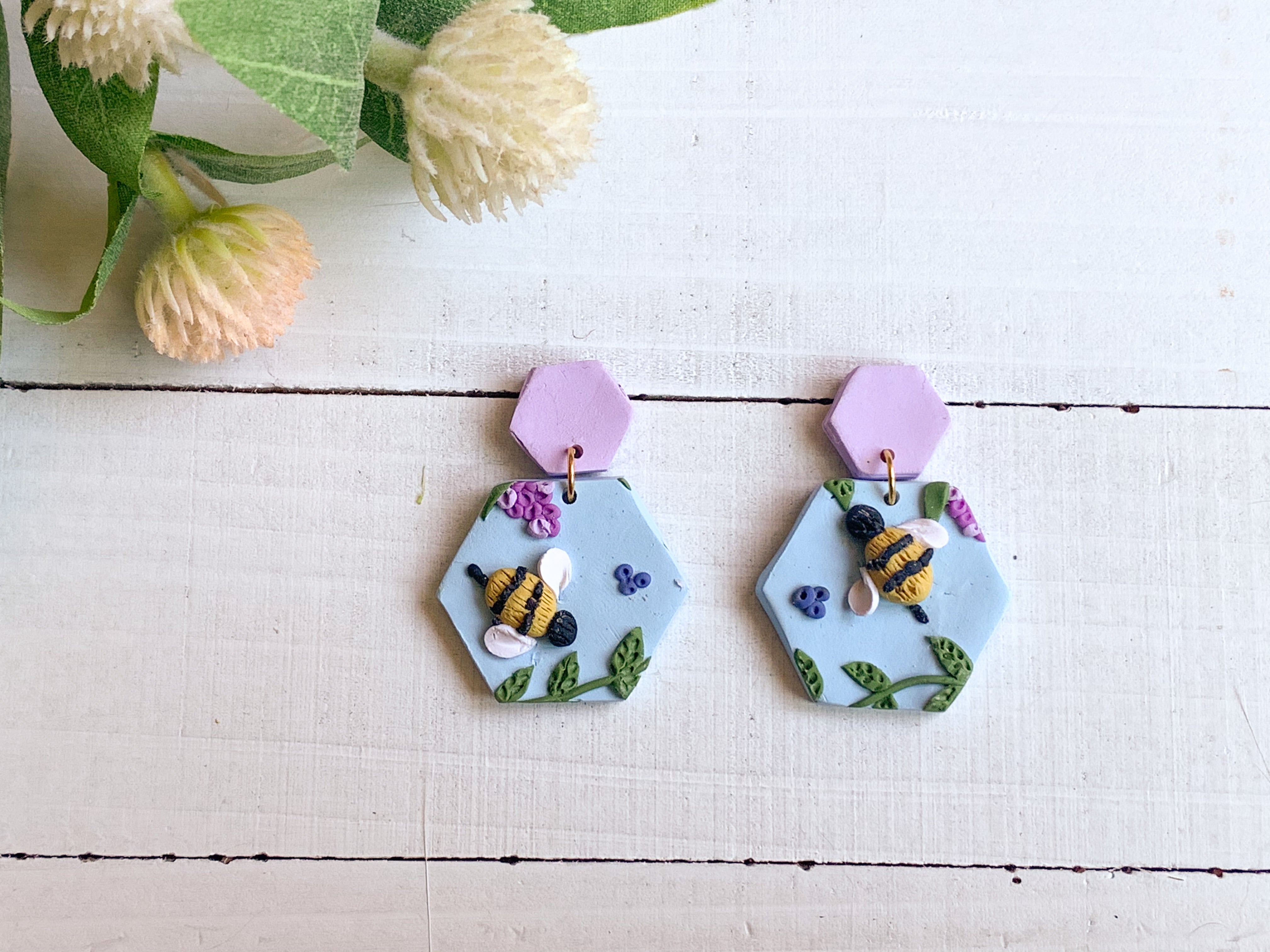 Bee and Lavender Slab Earrings (Hexagons)
