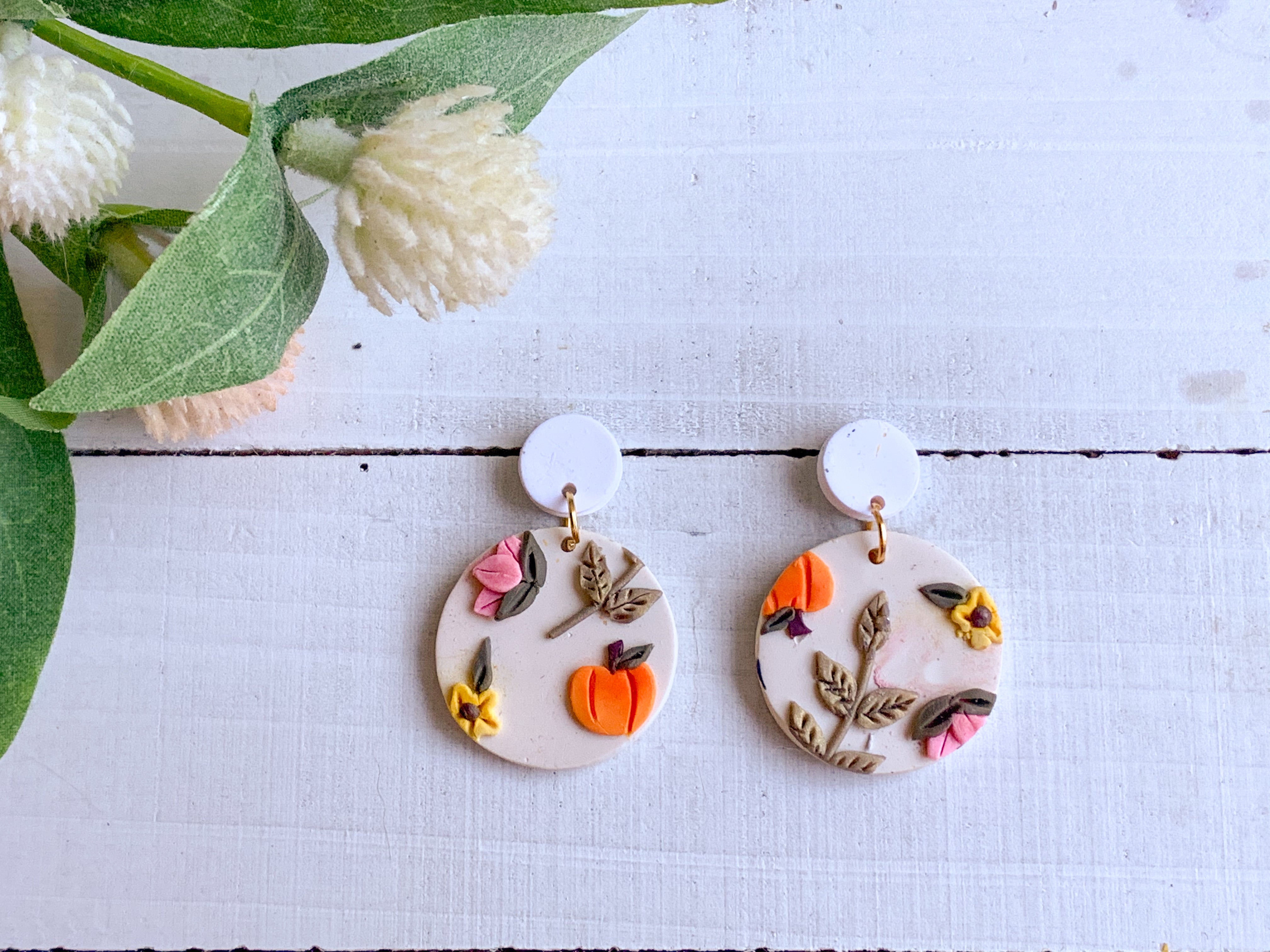Pumpkin Golden Floral Slab Earrings (Circle)