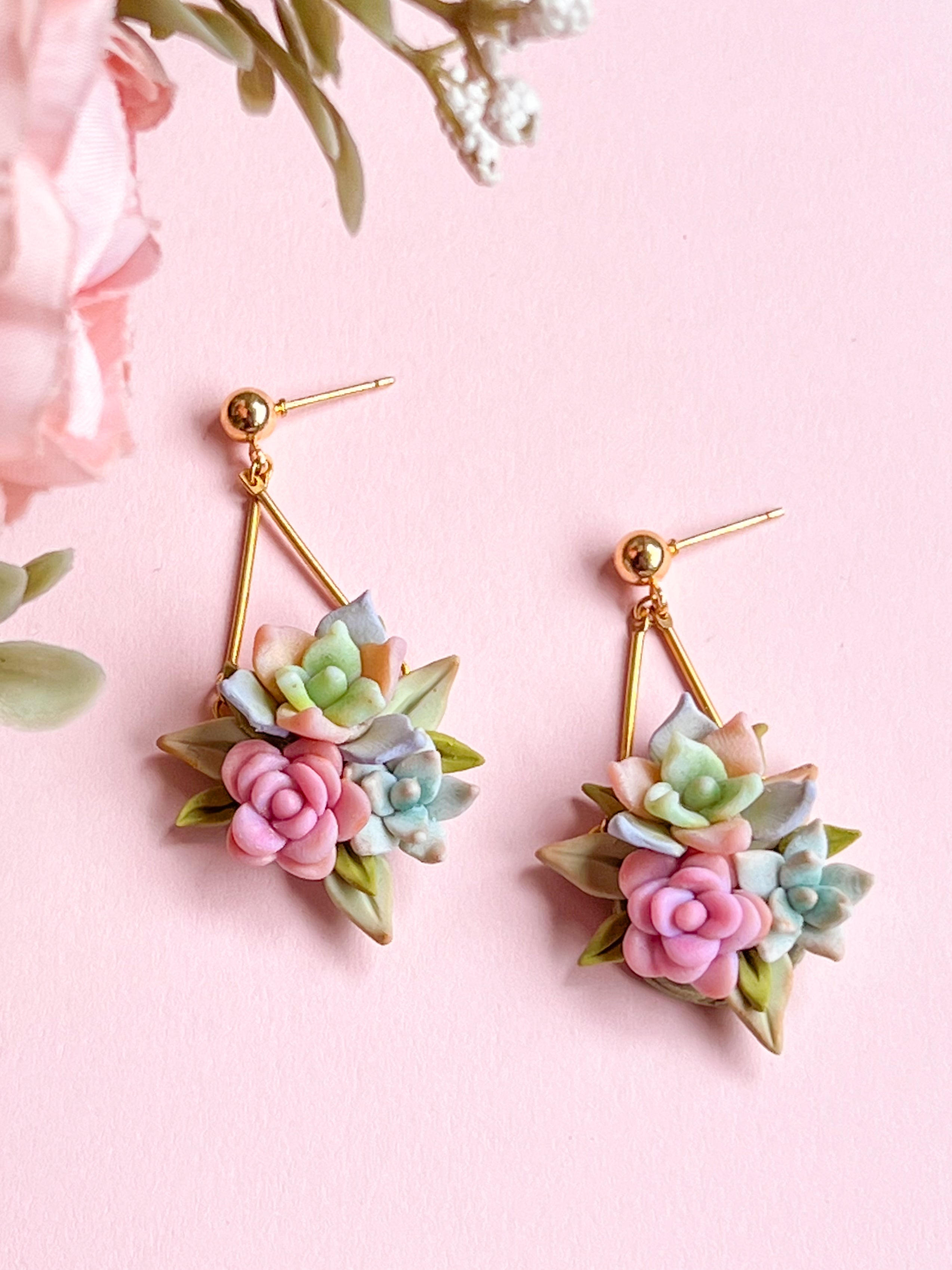succulent clay earrings Hanging Succulent Earrings (Pastel)