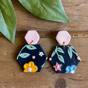 Black Floral Slab Earrings (Hexagon)