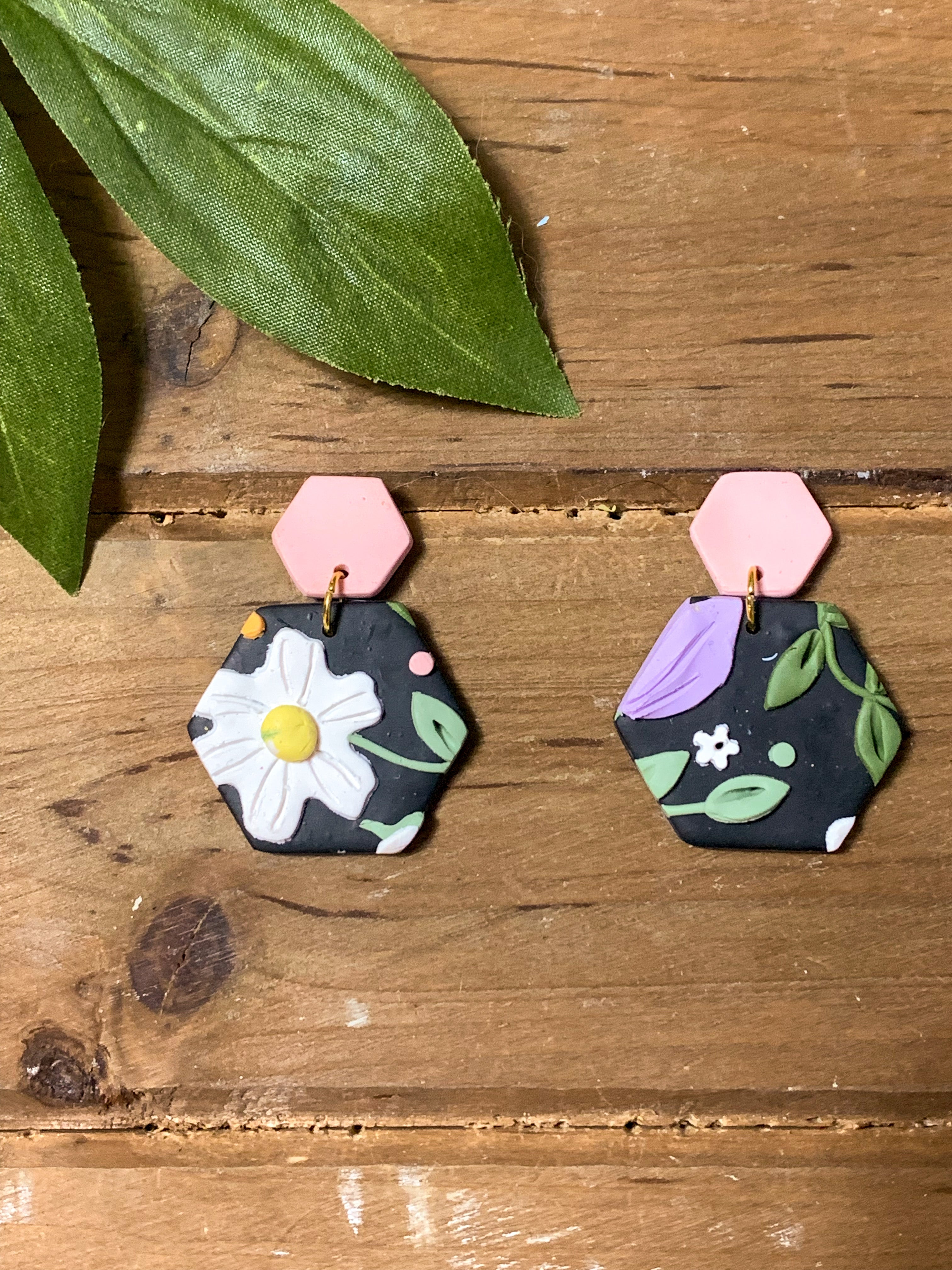 Animal Crossing Black Floral Slab Earrings (Hexagon)
