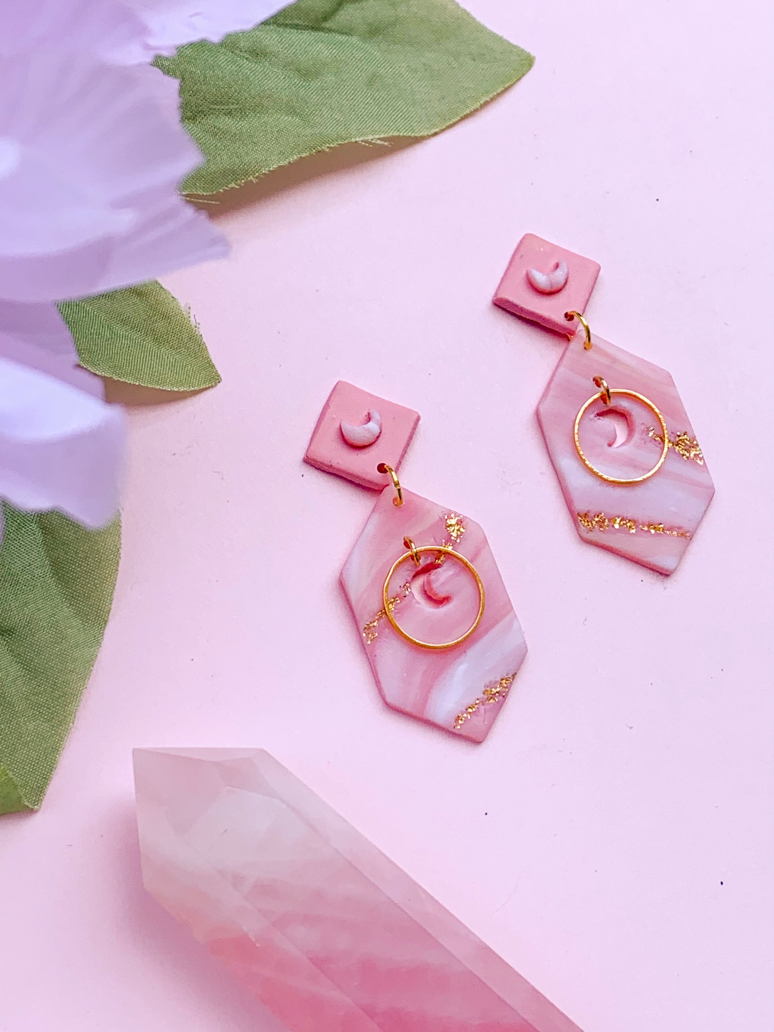 Gold-Filled Rose Quartz Moon Earrings