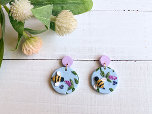 Bee and Lavender Slab Earrings (Circle)