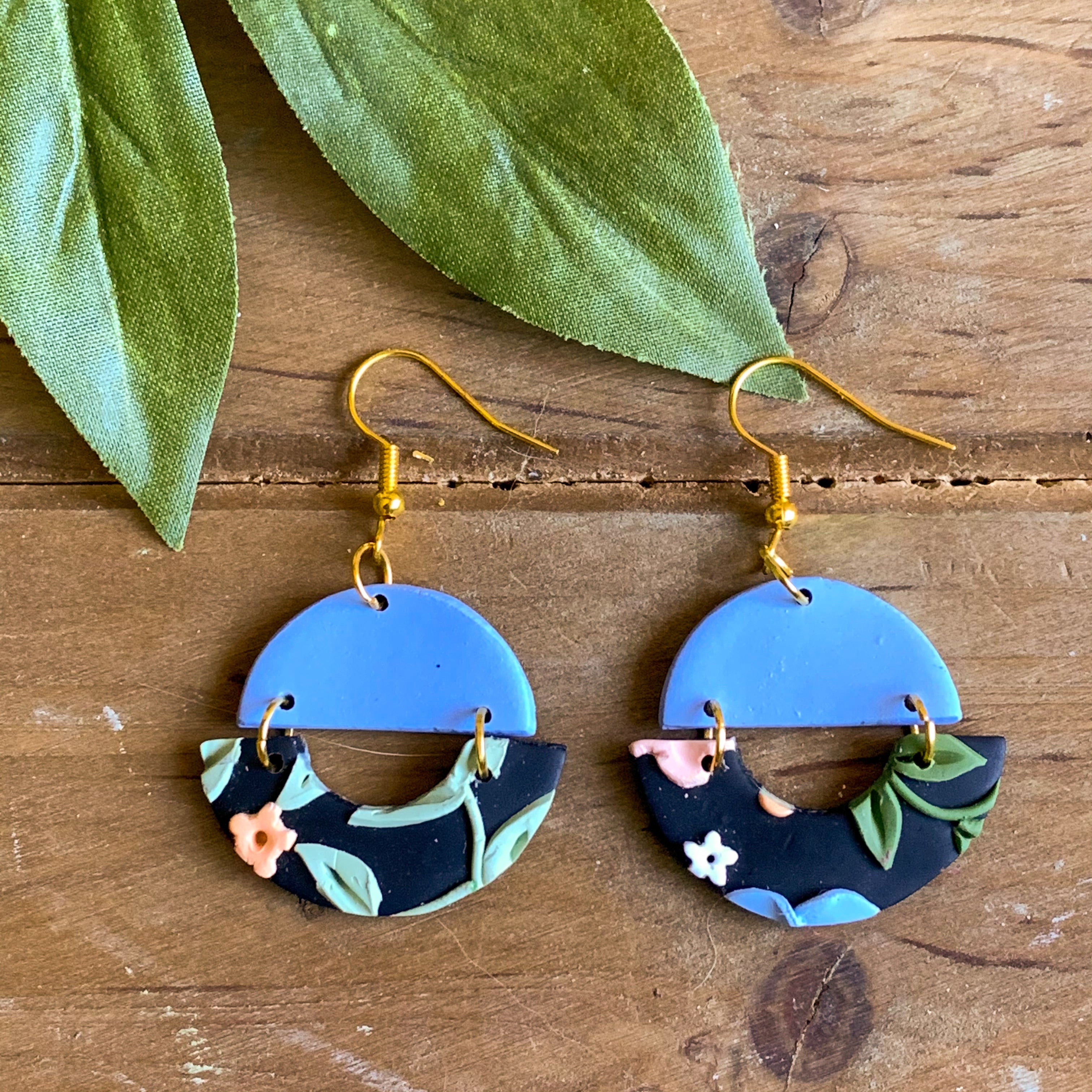 Black Floral Slab Earrings (Semi-Circle)