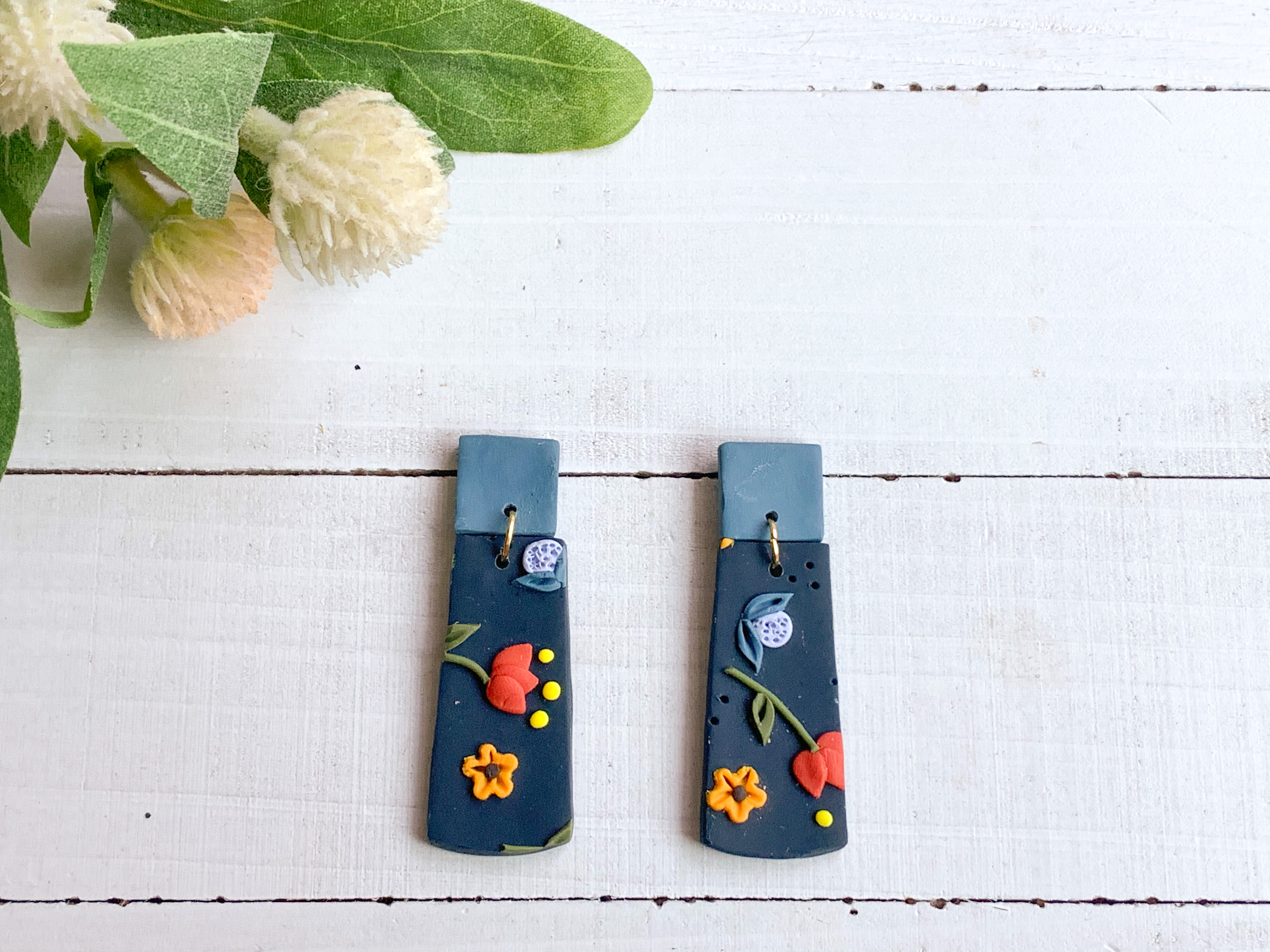 Deep Blue Floral Slab Earrings (Rounded Rectangle)