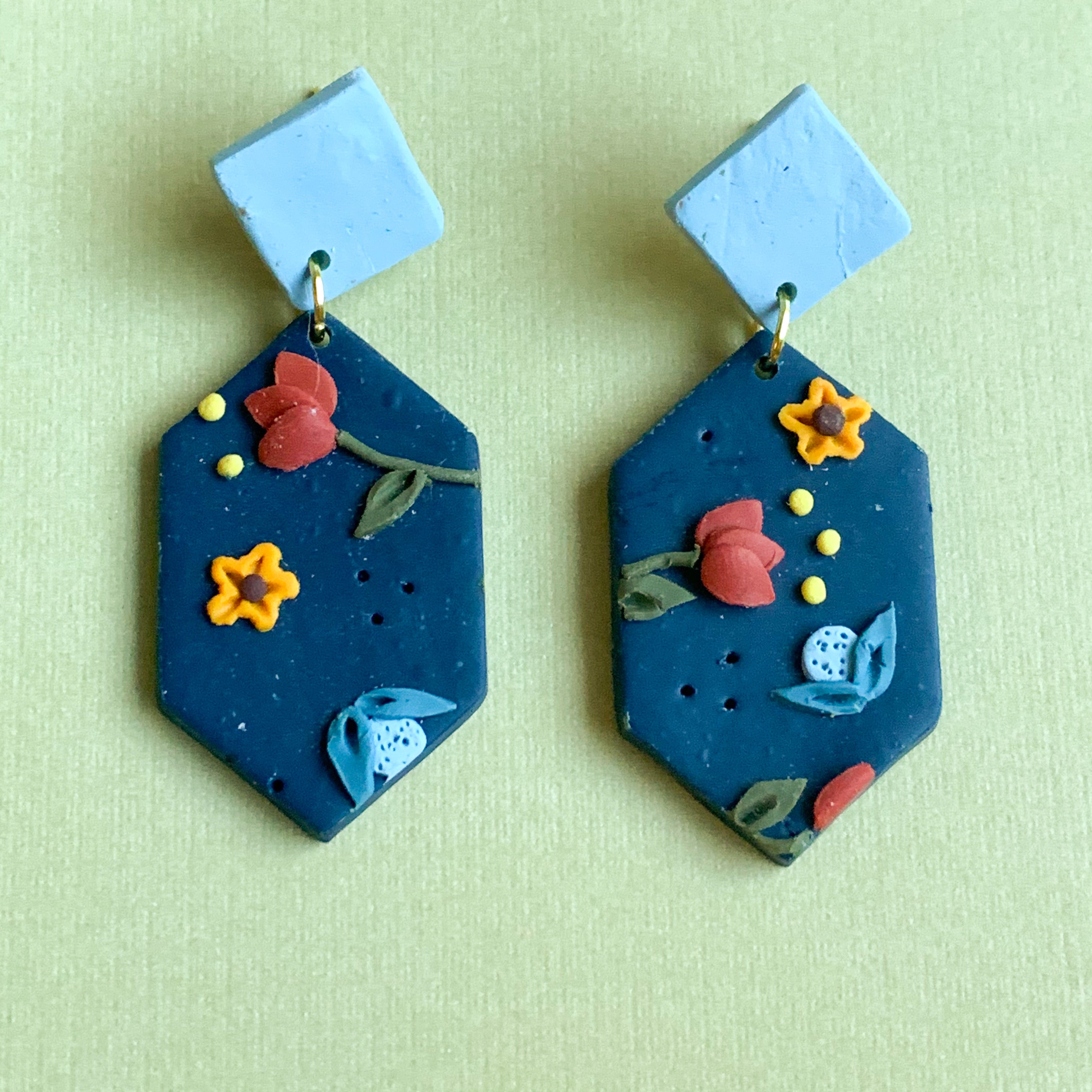 Blue Floral Earrings (long hexagon)