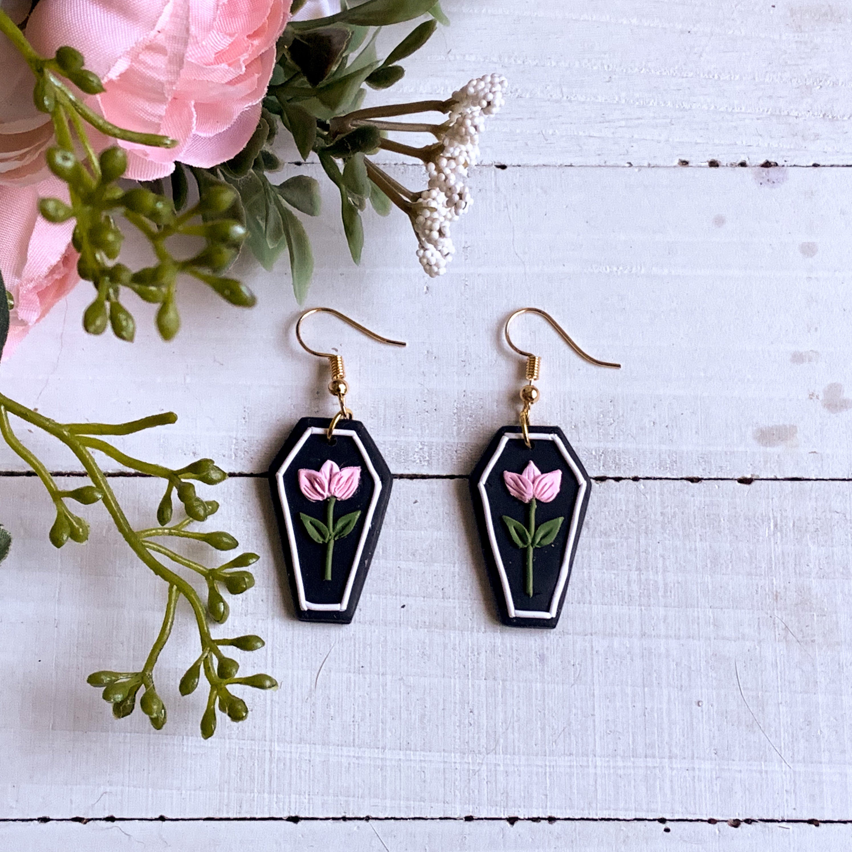 Black Floral Coffin Earrings