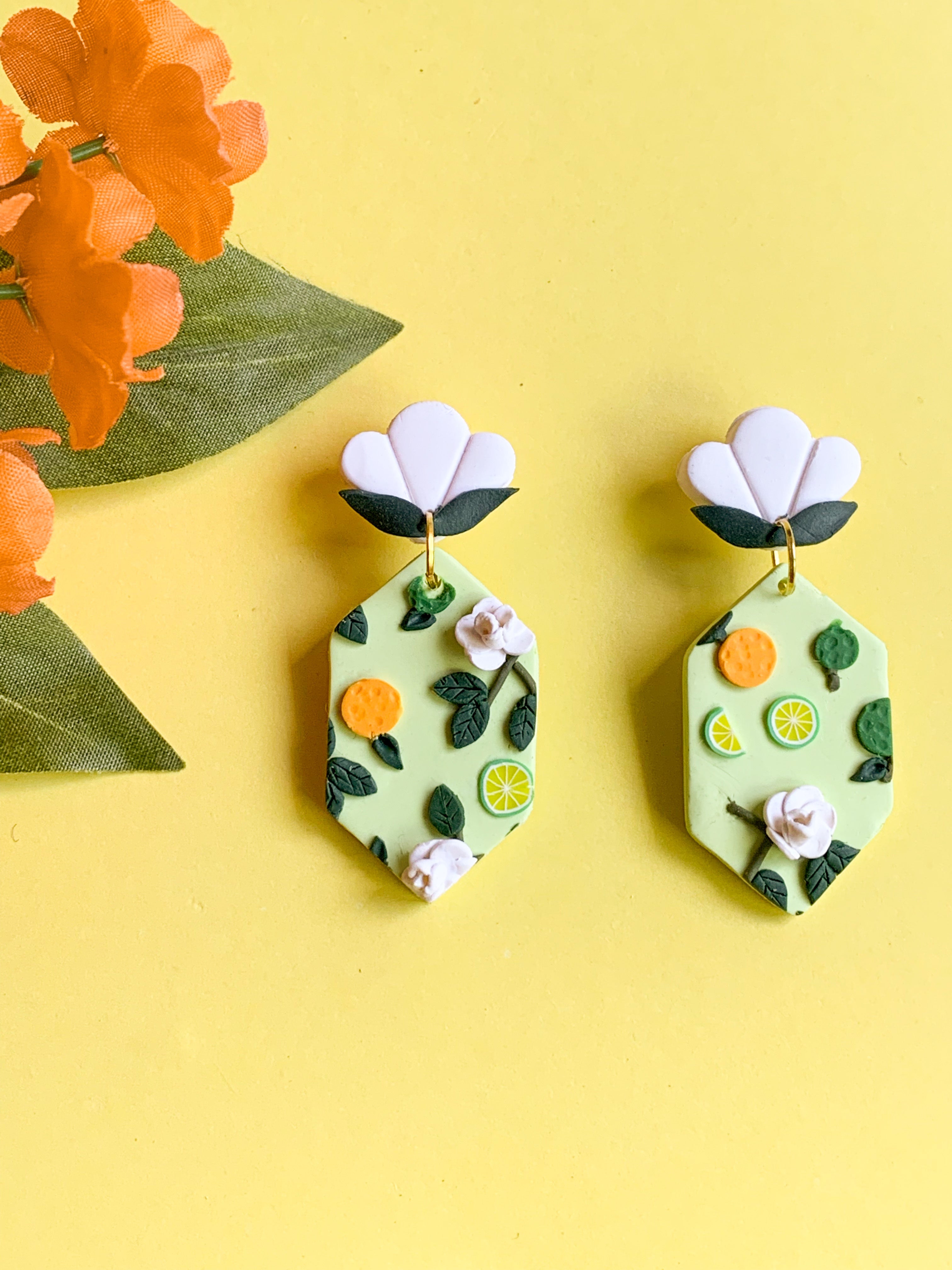 Calamansi Sampaguita Slab Earrings (Long Hexagon)