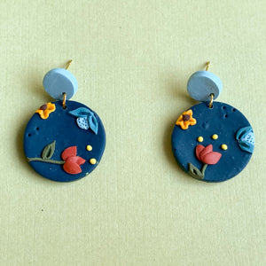 Blue Floral Earrings (circle)