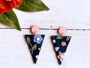 Black Floral Slab Earrings (Triangle)