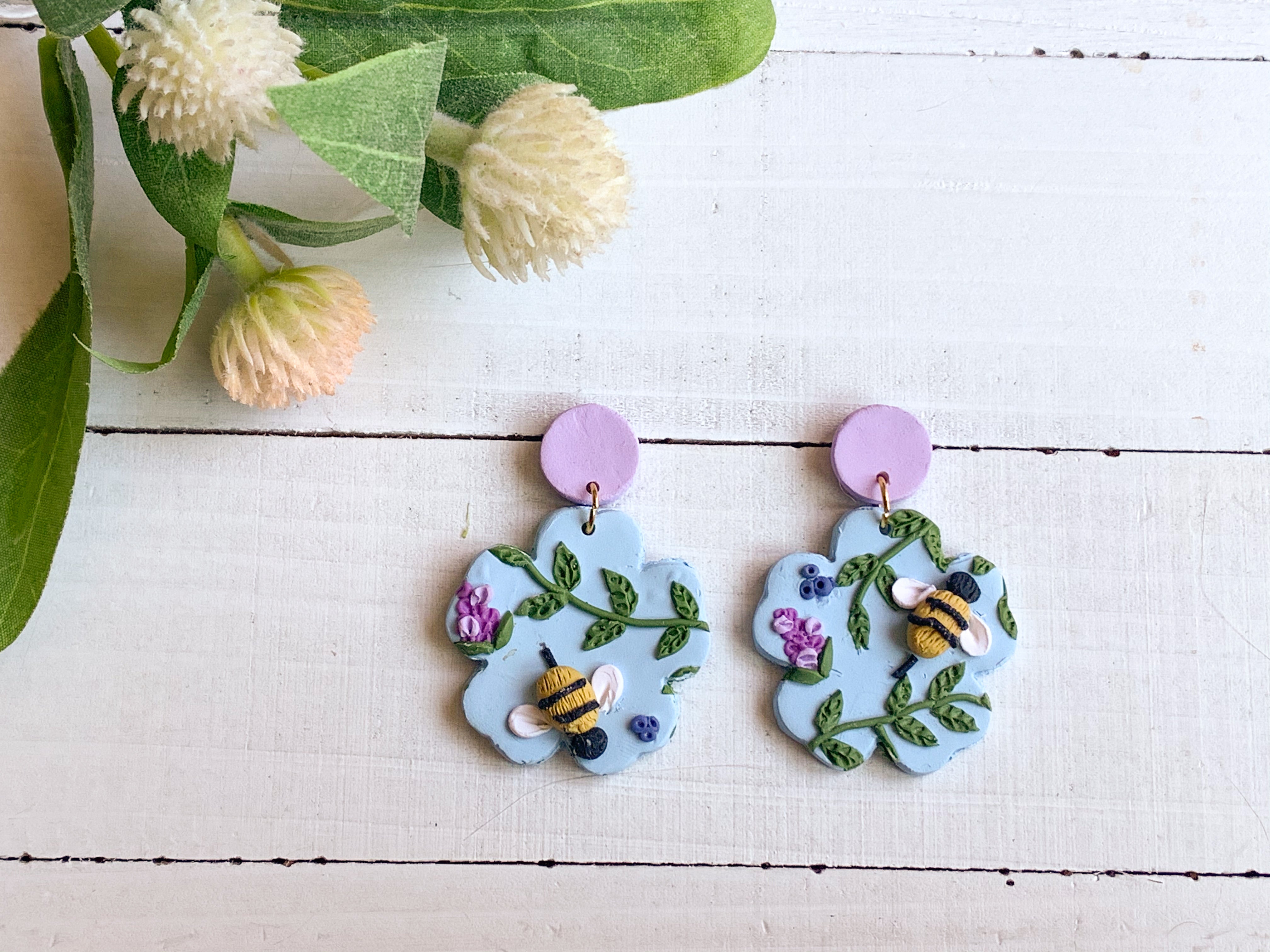 Bee and Lavender Slab Earrings (Flower)