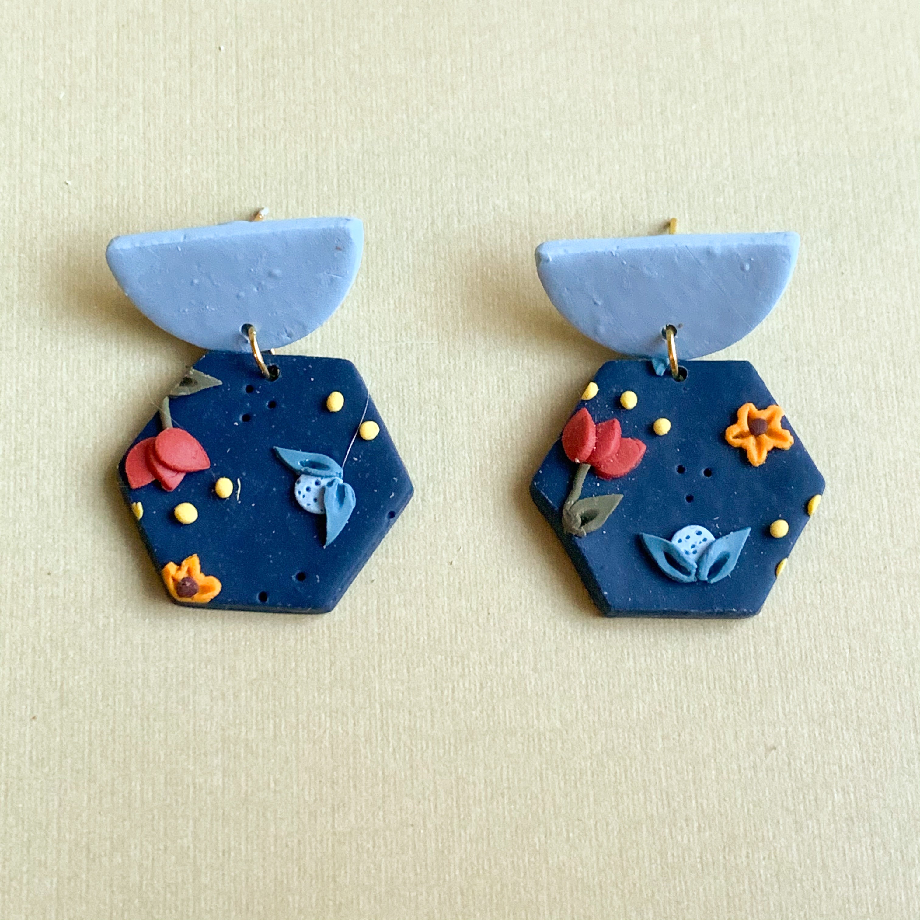 Blue Floral Earrings (hexagon)