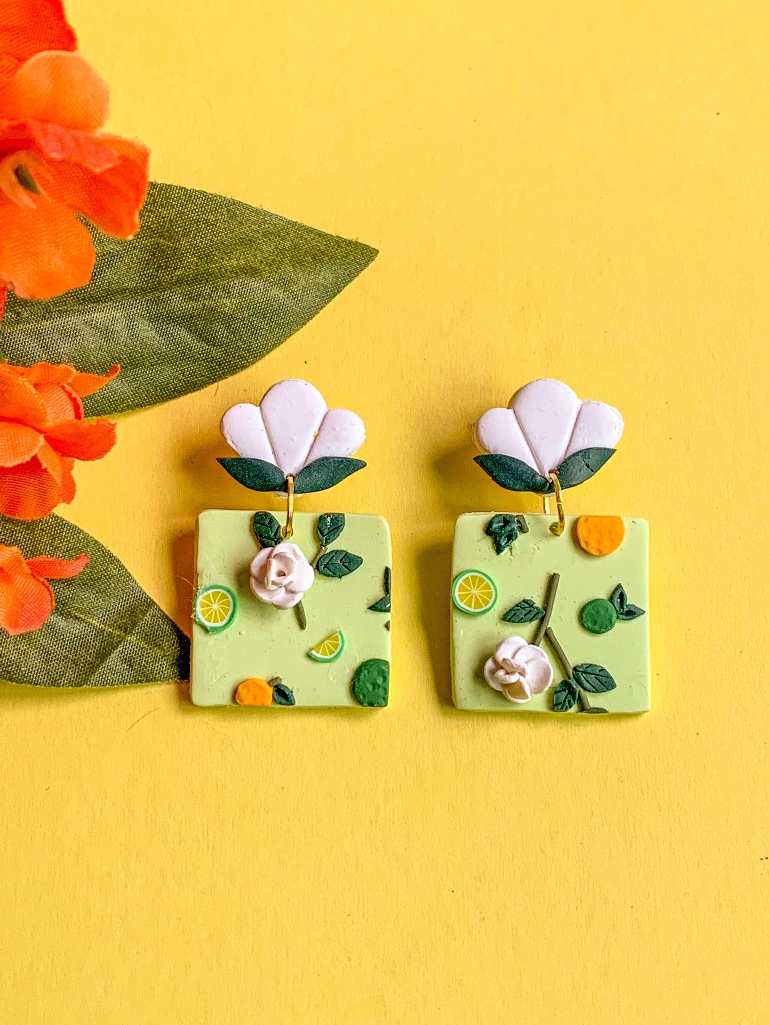 Calamansi Sampaguita Slab Earrings (Square)