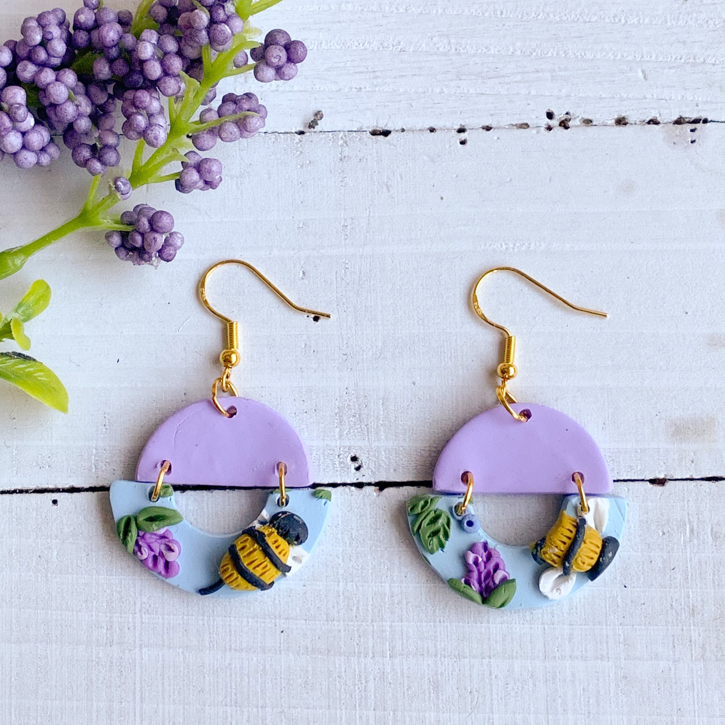 Lavender Bee Earrings (Semi-Circle)